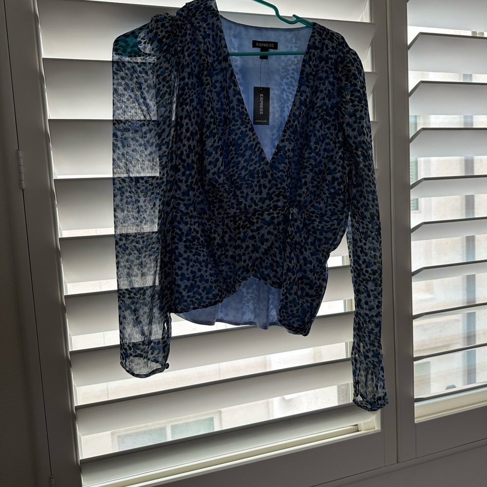 Express Blue Wrap Fitted Long Sleeve Blouse